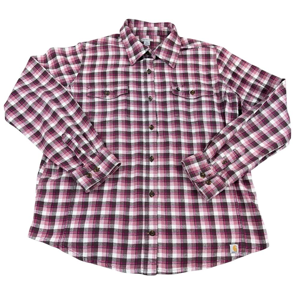 Carhartt Flannel Shirt Womens XL 16/18 Pink Plaid Button Up Workwear Outdoor